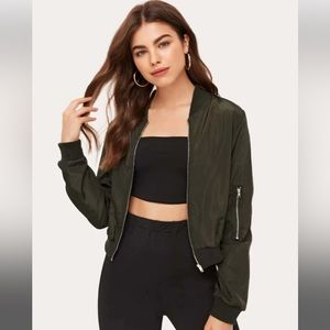 Army Green Silk Bomber Jacket